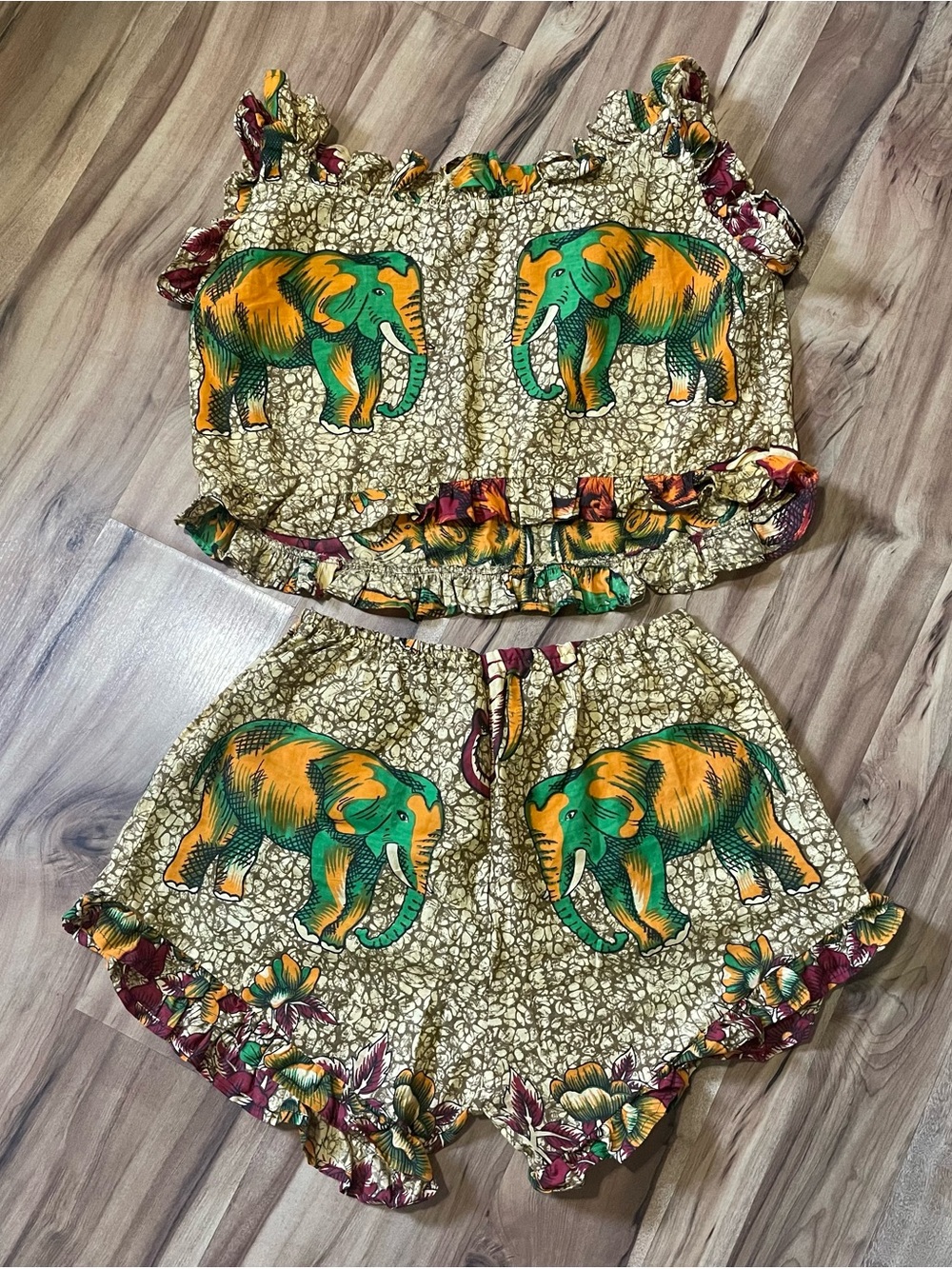 Handmade African Ankara Elephant Print Smocked Crop Top & Ruffle Shorts Set